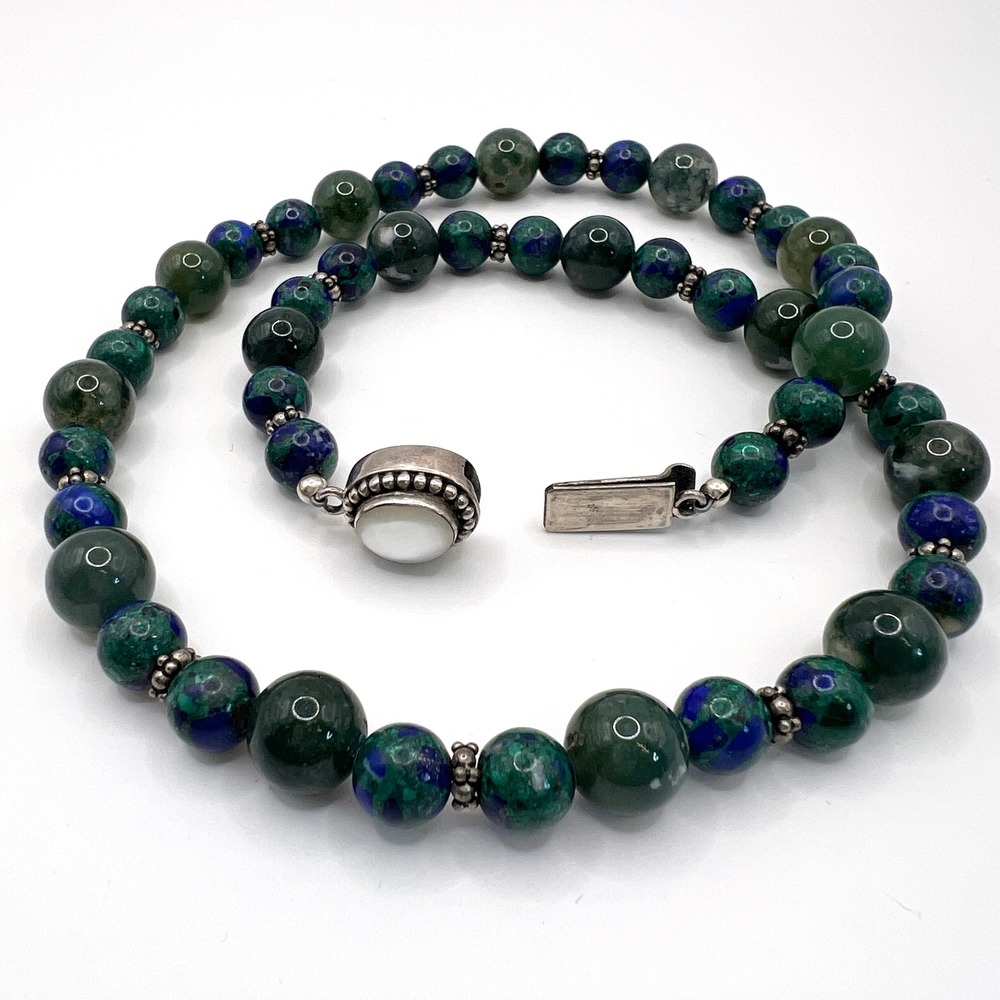 VTG 925 Sterling Azurite Malachite Moss Agate Mother of Pearl Beaded Necklace - Picture 7 of 13